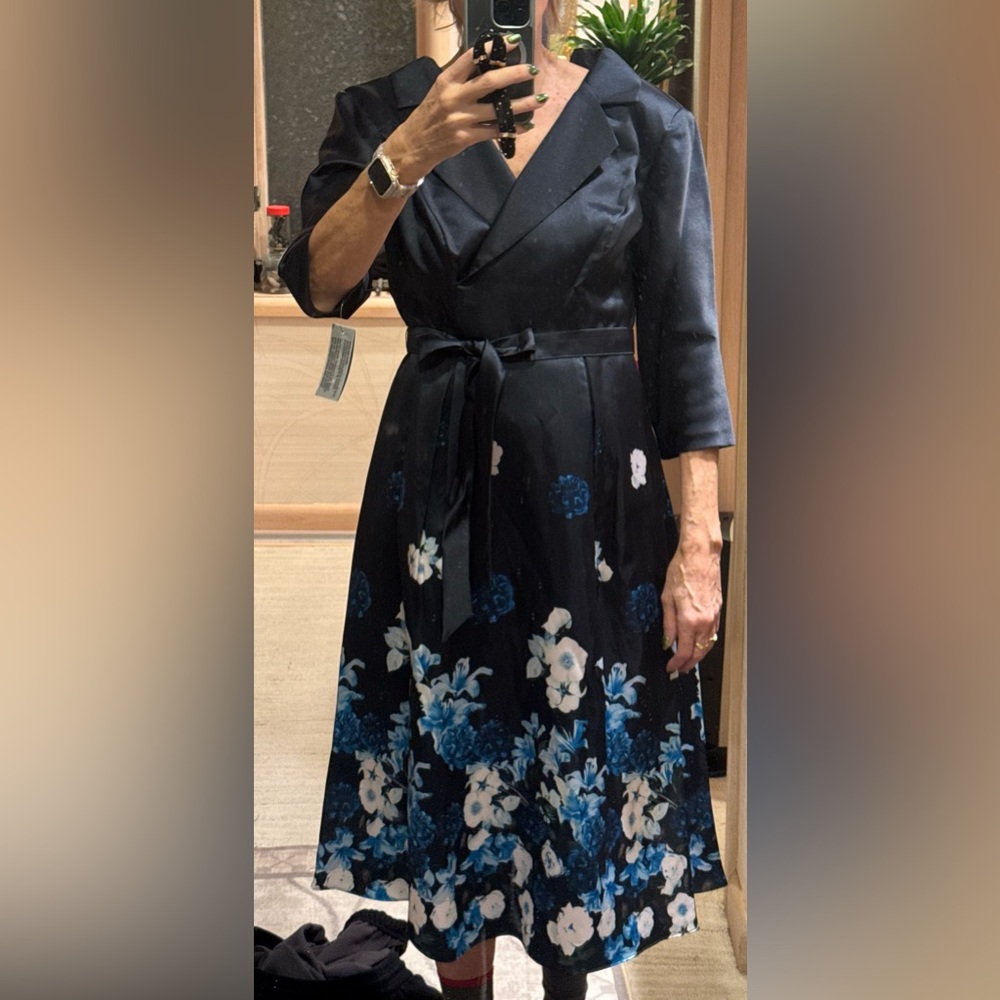 Alex Evenings Navy and Teal Floral Midi Dress